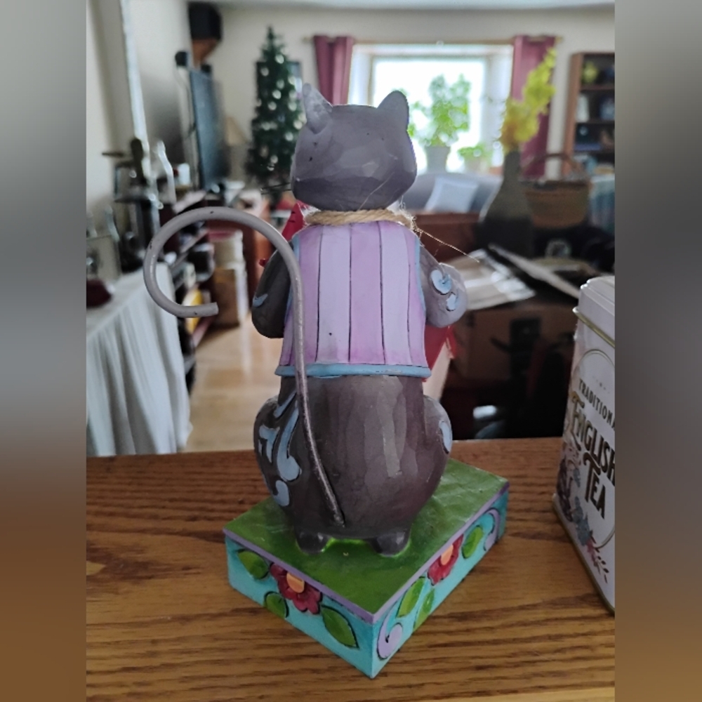 Jim Shore Cat Figurine with Bird - Gray and Pink - Picture 3 of 3